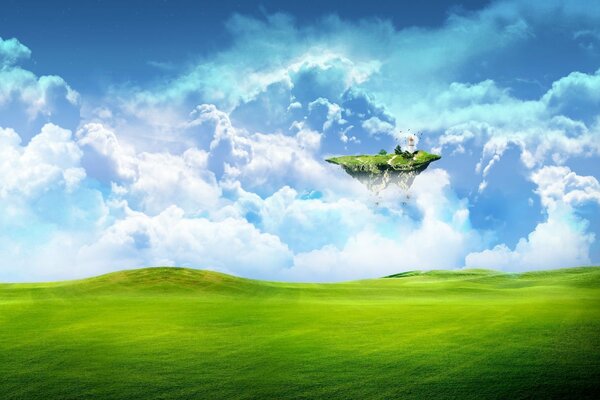 Fantastic sky with clouds with green islands