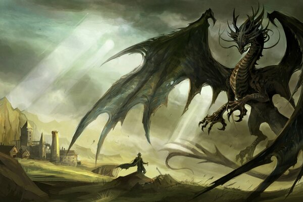 Meeting of a dragon and a man, in dark colors