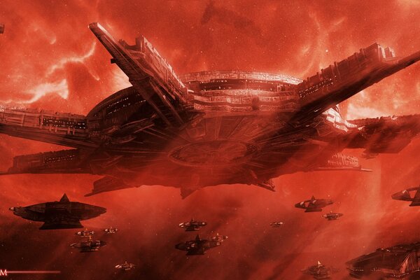 Nave extraterrestre con nave Armada nel cielo rosso