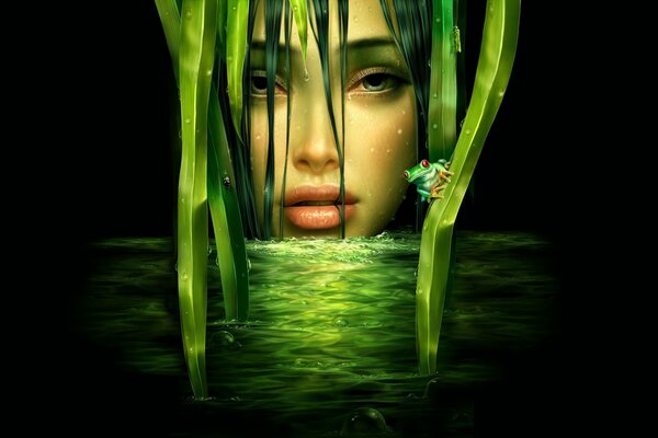 A girl on a green background of water