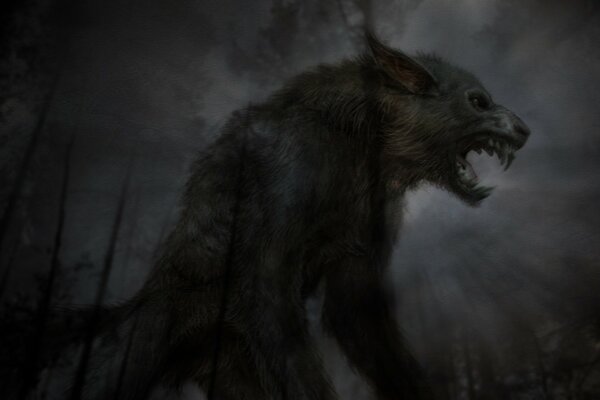 Lycanthrope with an open mouth in the night forest