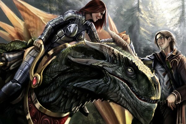 A girl riding a dragon and a guy