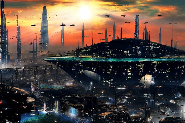 Science-Fiction-Stadt bei Sonnenuntergang