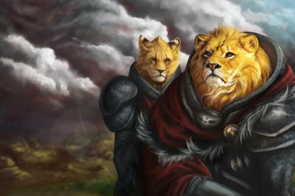 Thick clouds behind armored lions