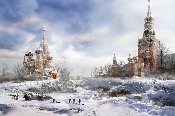 The Kremlin is covered with snow and dilapidated