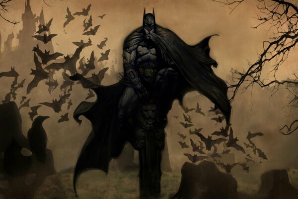 The superhero at the tombstones. A bunch of bats and a black raven