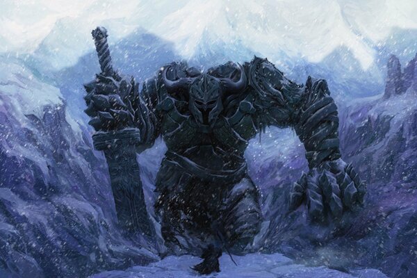 Immagine di un guerriero e un gigante tra le montagne invernali