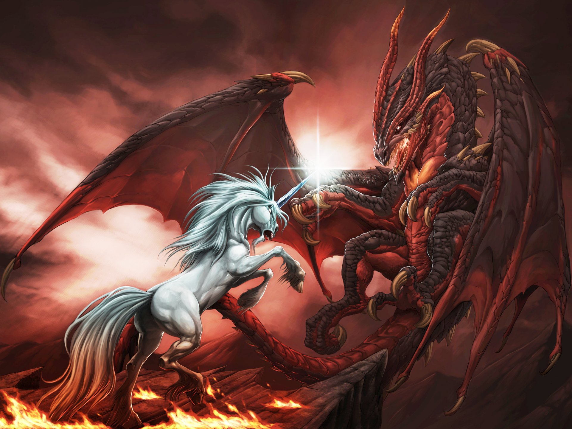 dragon licorne combat dessins feu mythologie