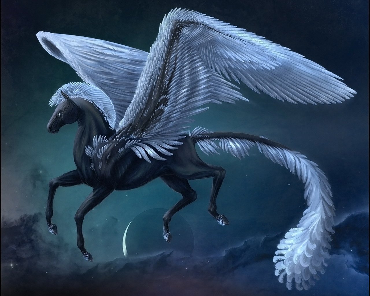 fantasía pegaso montañas luna alas oscuridad