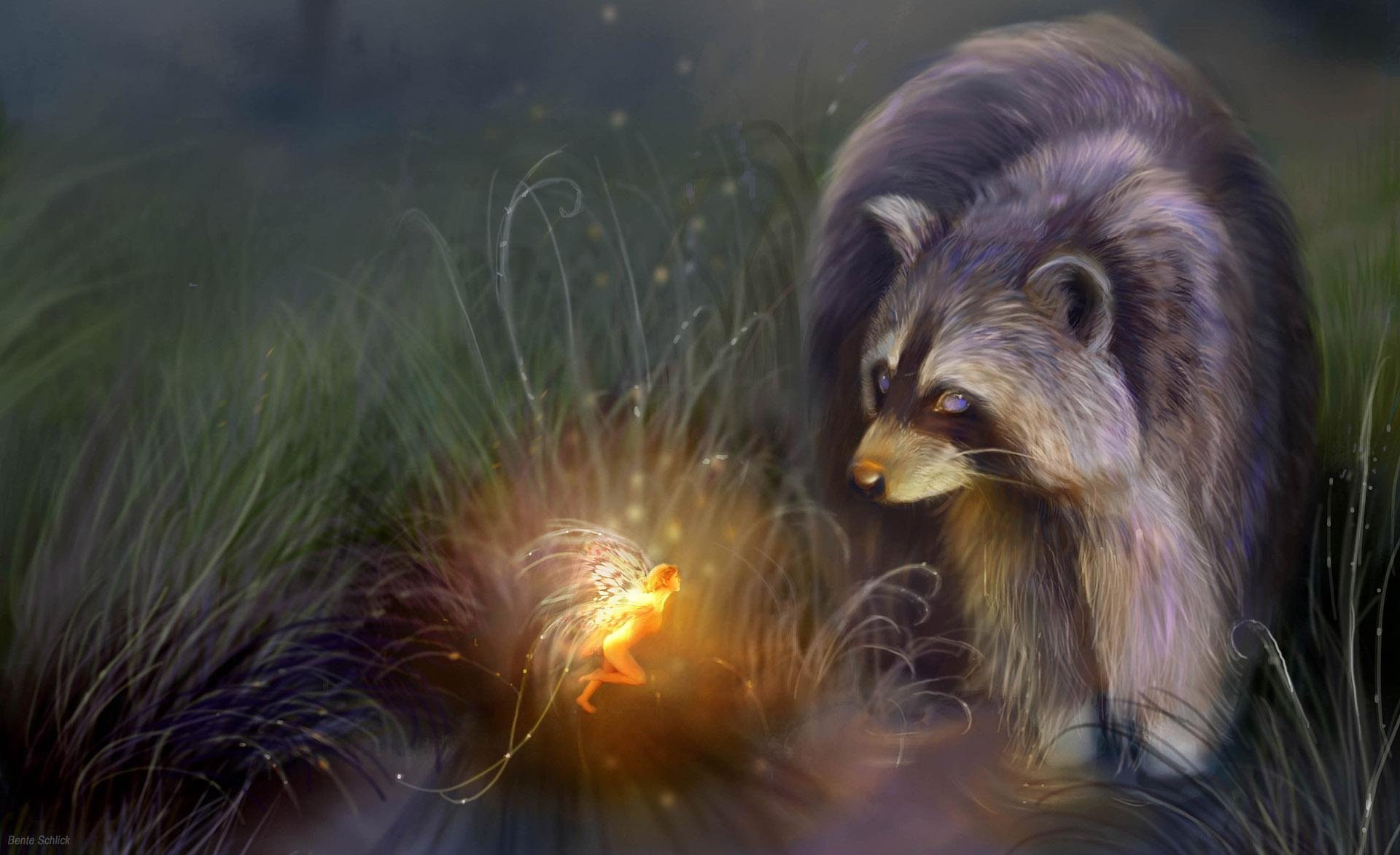 bente schlick germany fantasy fairy night creek raccoon