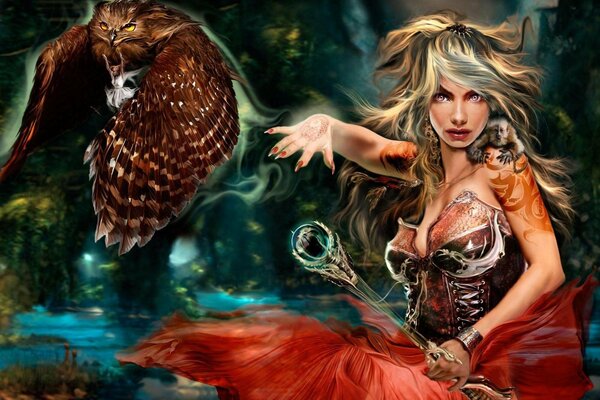 Fantasy girl with a bird and a wand