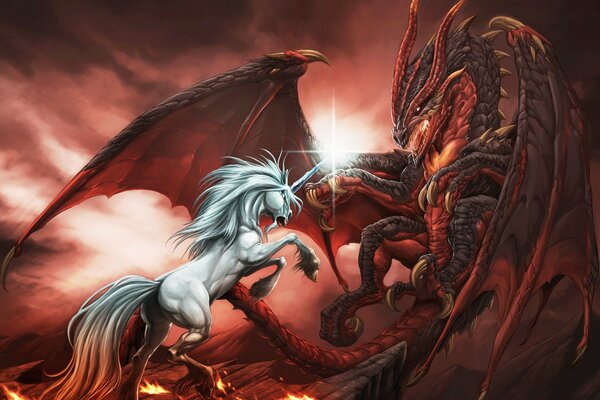 Dragon and White Unicorn Fight