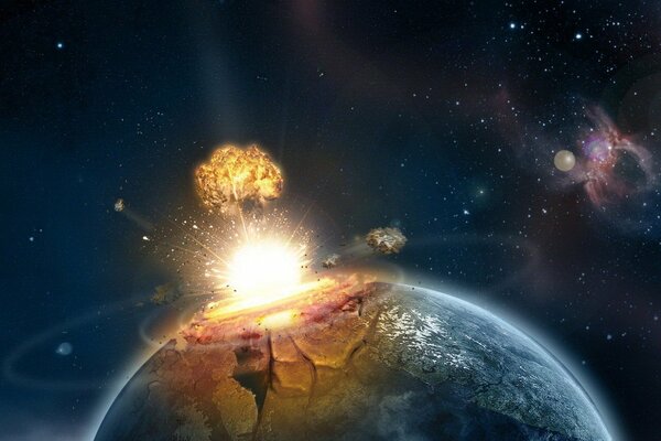 Explosion on the planet when colliding with a meteorite