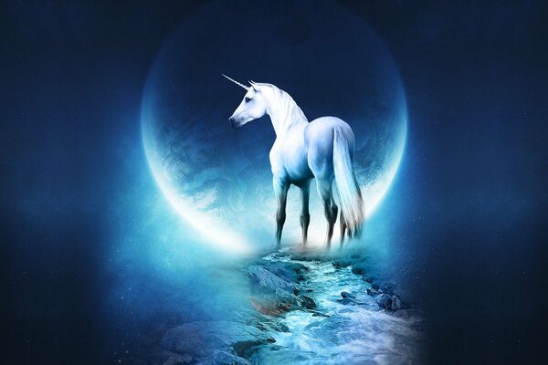 Blue unicorn near the planet