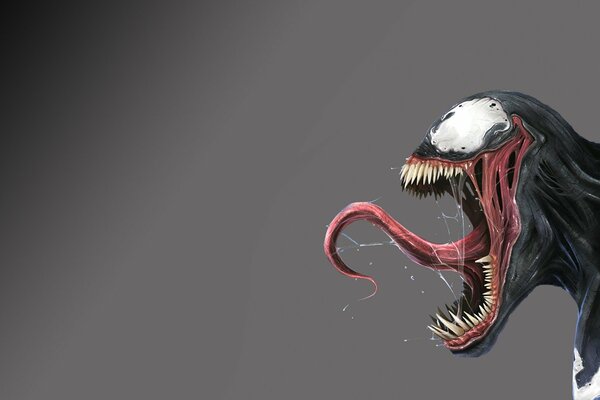 Venom with protruding tongue on a gray background