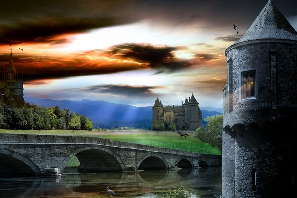 A horse runs across the field near the castle over the bridge