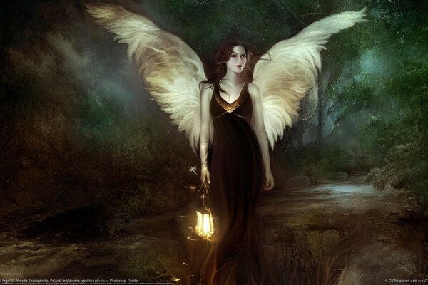 An earthly angel by the light of a lantern in the night