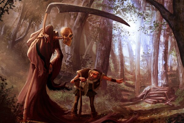 An old man in the forest met death with a scythe