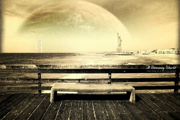 Bench on the background of the Statue of Liberty and the planet