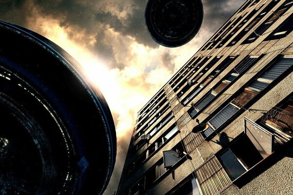 Flying saucers over the building