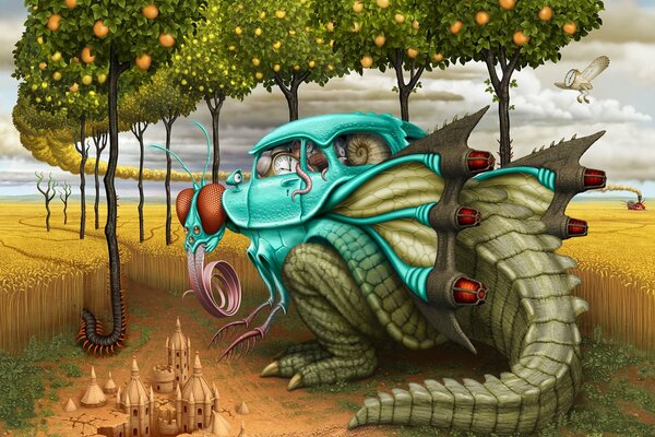 Art drawing hybrid of a fly, a crocodile and a car