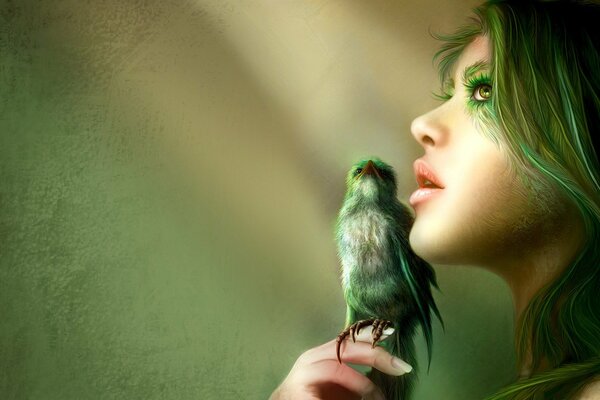 Fille aux cheveux verts et oiseau