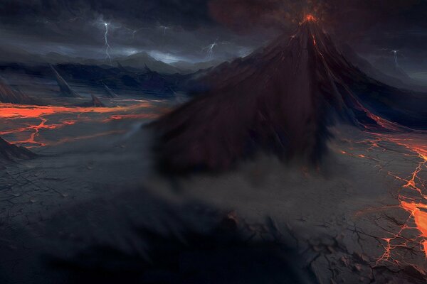 Volcanic eruption and lightning in the sky