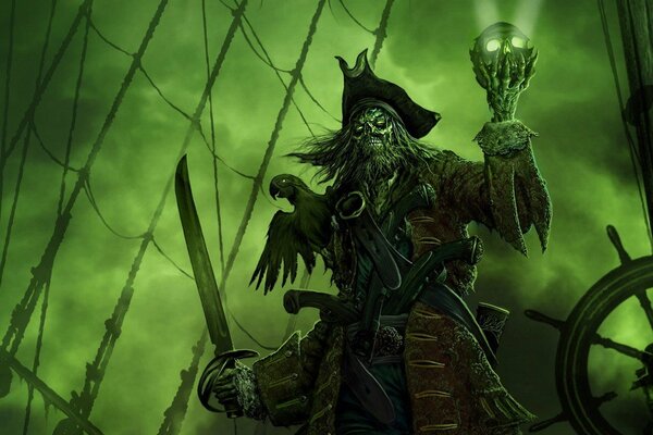 The ghost captain holds the skull on the deck of the ship