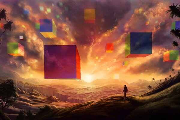 A man stands and looks at the cubes