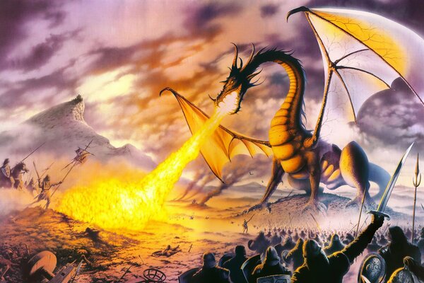 The dragon spreading its wings scorching the warriors with fire