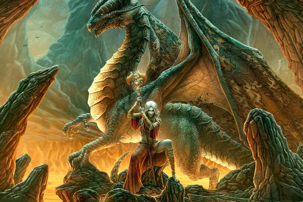 Fantasía, Kerem Beyit. Chica con un dragón y una varita mágica, de pie en medio de las montañas