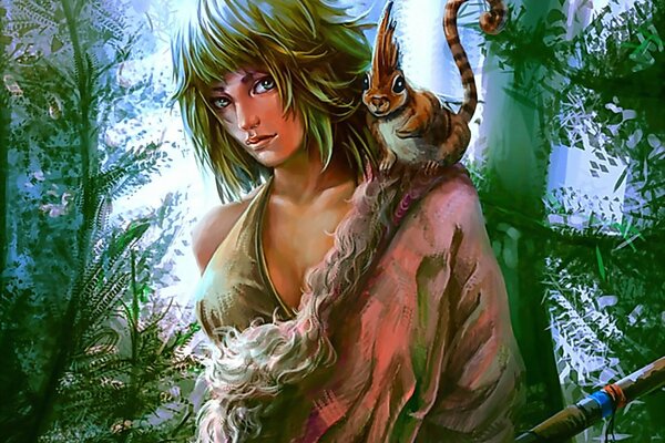 A huntress girl with a squirrel on her shoulder in the forest