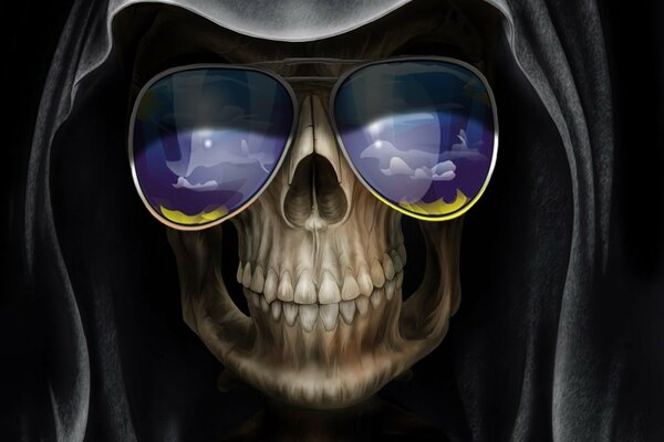 A skull with glasses and a black hood