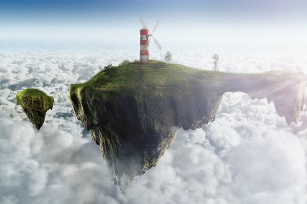 Phare sur un rocher planant au-dessus des nuages blancs