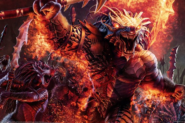 Dragonborn Barbarians in a war on fire