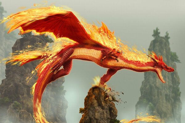 Un dragón rojo y ardiente vuela sobre las rocas