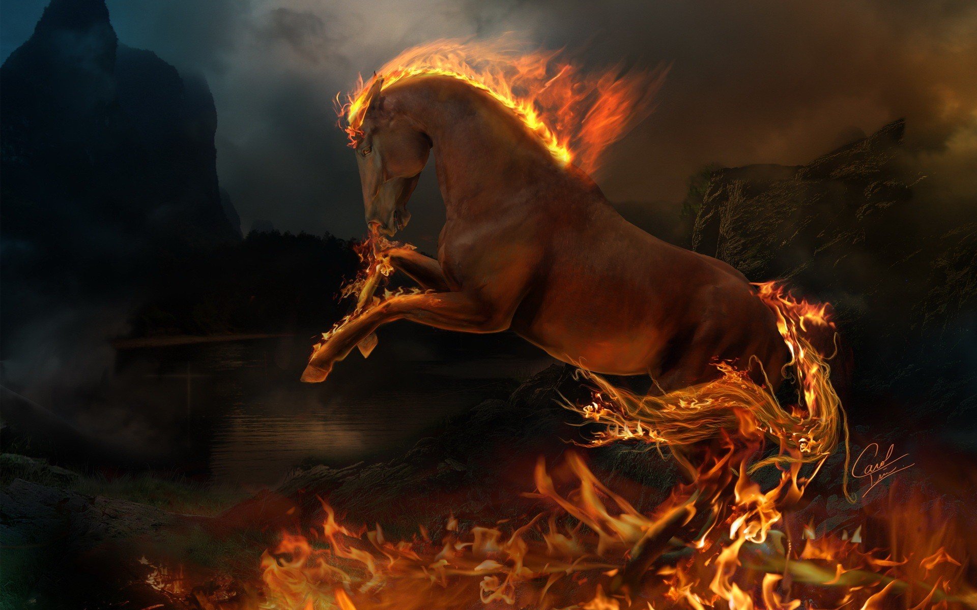 horse animals fire flame