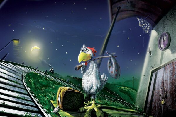 Night. A lonely chicken on the railroad