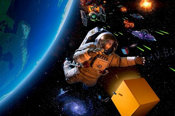 An astronaut flies with a box in outer space