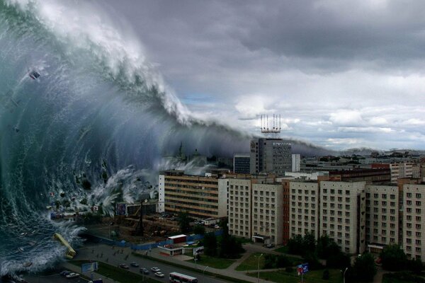 Der Tsunami wird das Haus und die Straße mit Autos überfluten