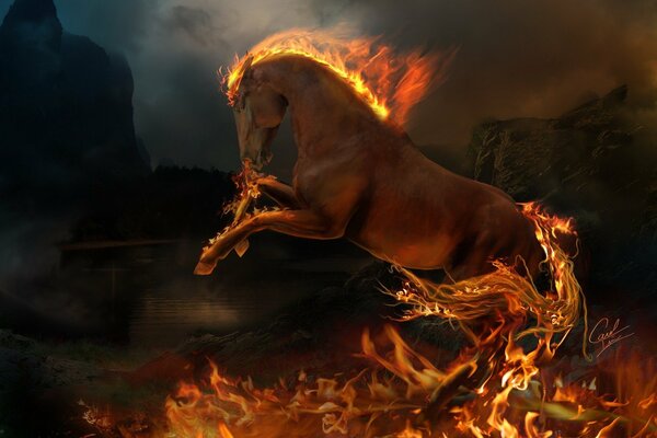 A horse on a dark background bursts out of the flame of fire