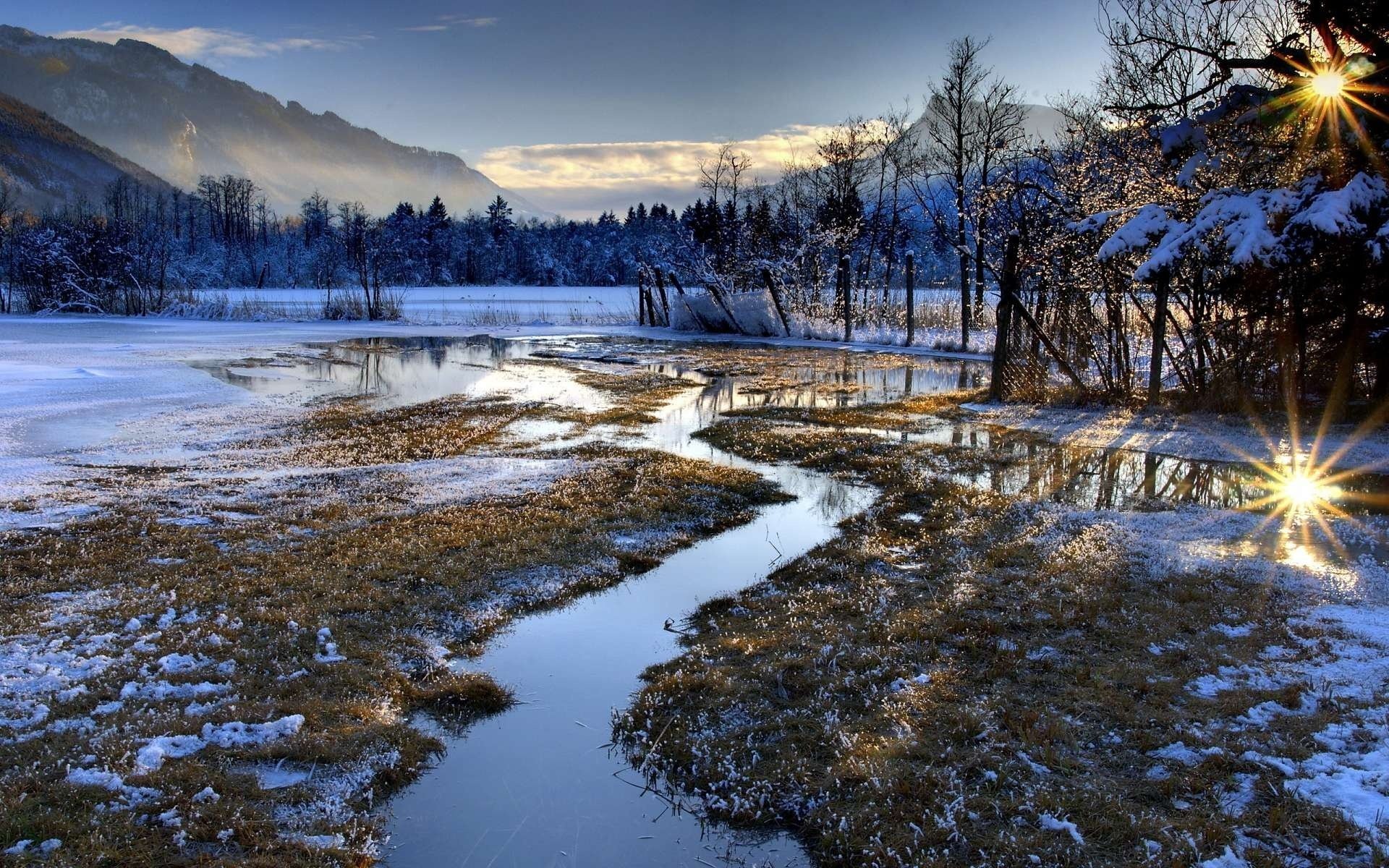 пейзаж река горы зима