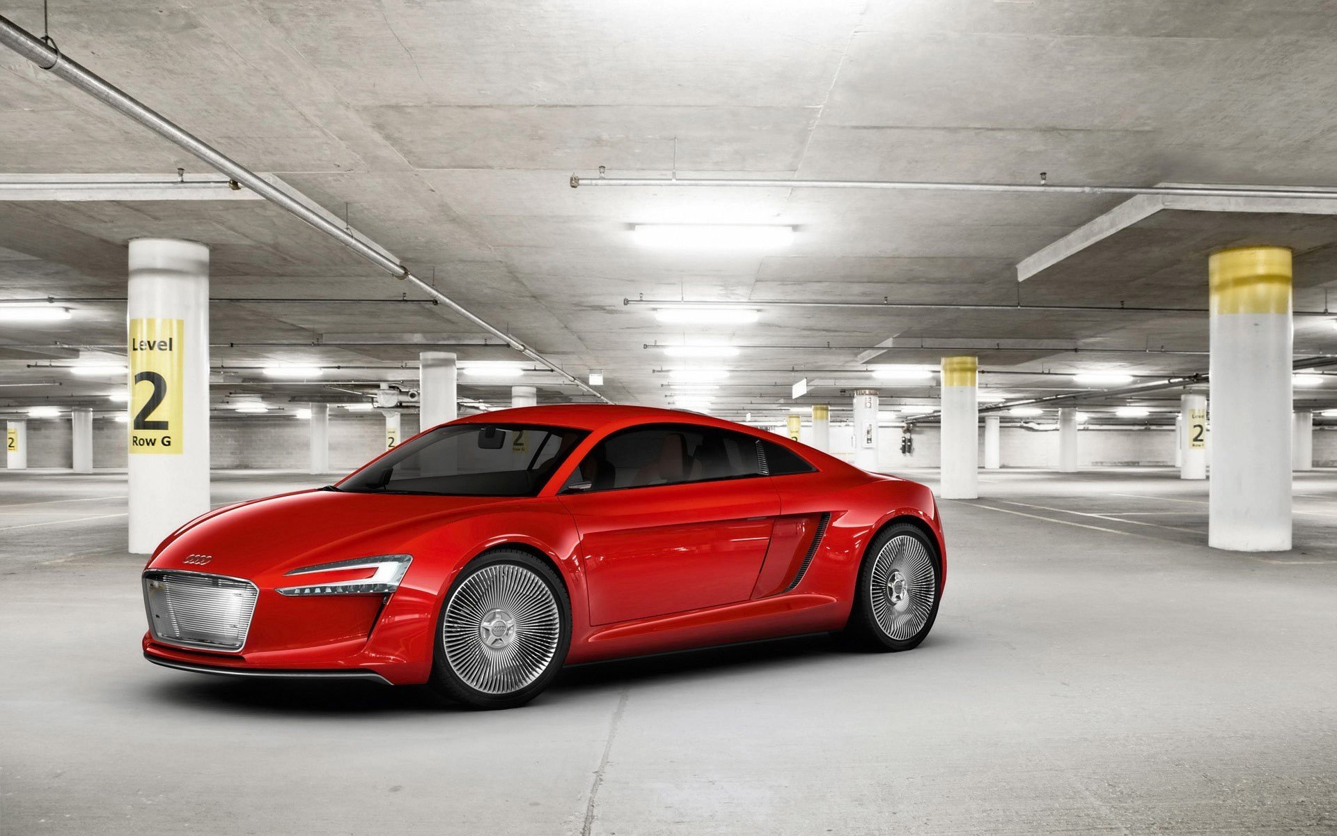 audi e-tron concept car rojo garaje