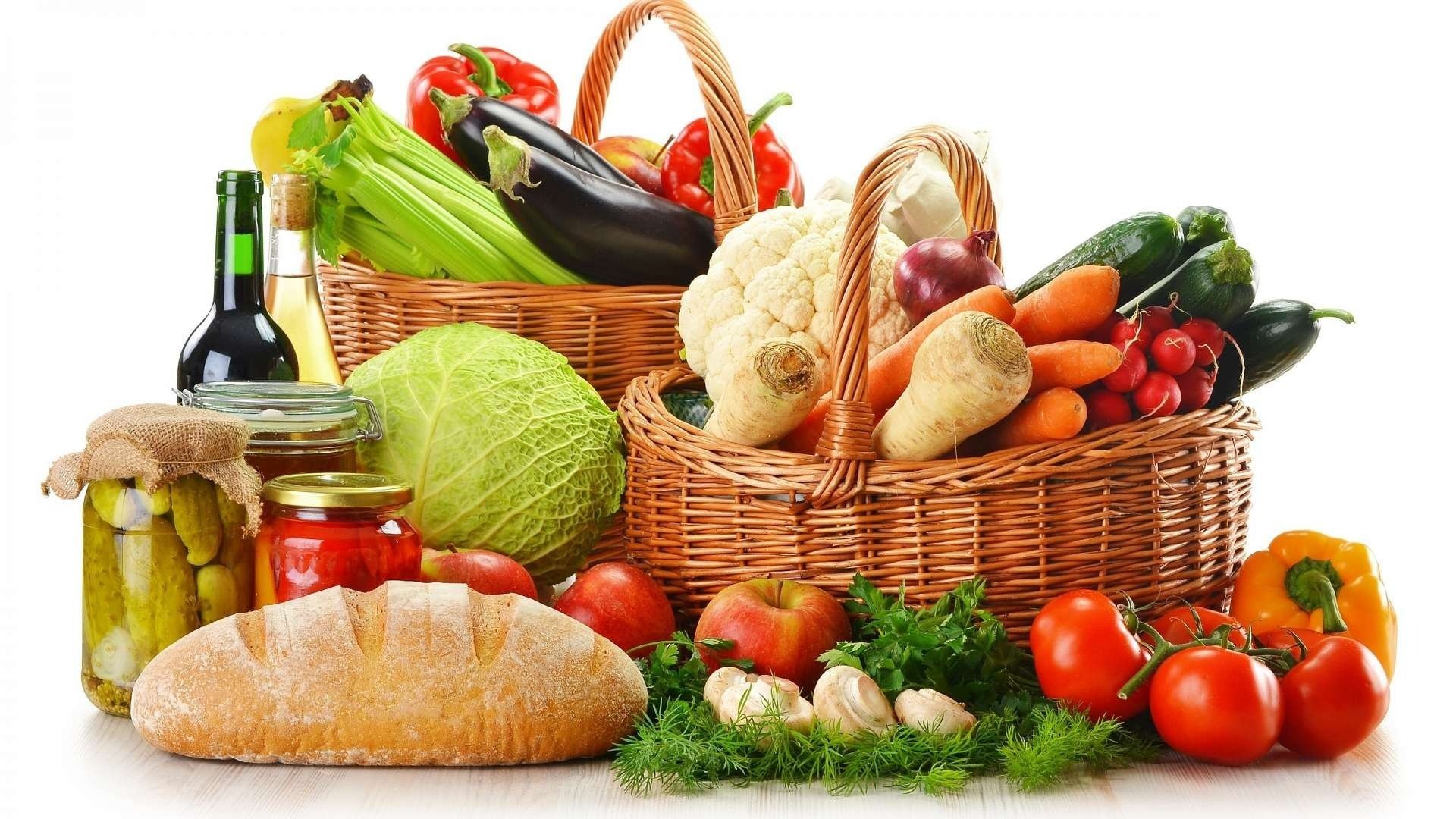 vegetables basket cabbage tomatoes carrots eggplant bread wine