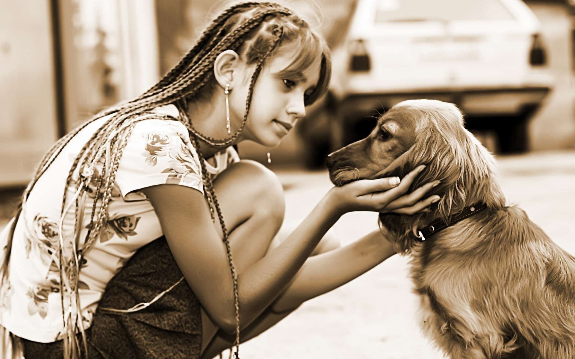 fille chien amitié sépia