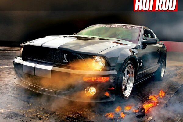 Mustang shelby gt500, brilla con faros de fuego. Humo