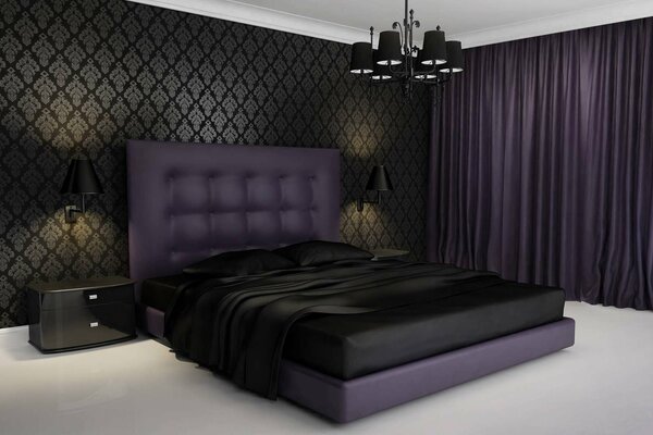 Beautiful bedroom interior in purple light