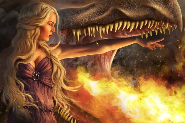 A girl with long hair stretches out her hand to the flaming mouth of the dragon