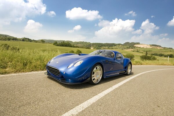 Drive to the horizon in a blue car