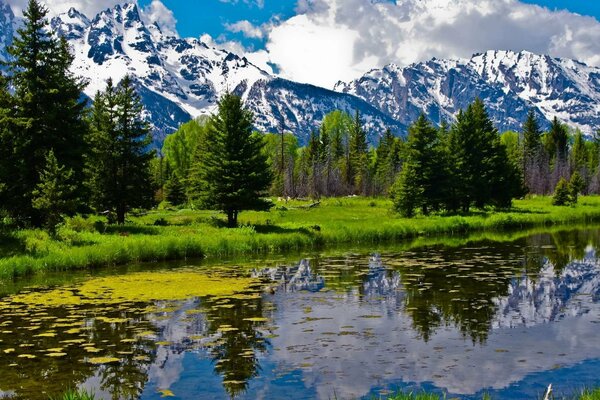 Blue river on the background of snowy mountains